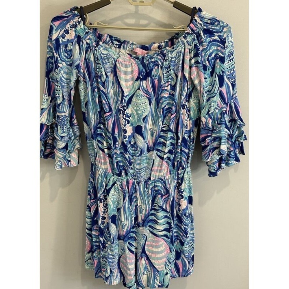 Lilly Pulitzer Calla Off Shoulder Romper Twilight Blue Print Scale Up Size M